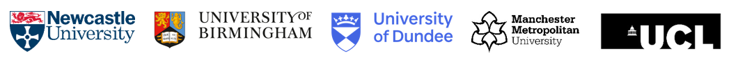 University Logos of the ADMISSION collaborator Universities; Newcastle University, University of Birmingham, University of Dundee, Manchester Metropolitan University and University College London